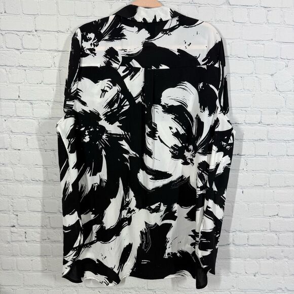 Catherines Tunic Blouse Women Plus 1X Black White Roll Tab Sleeve Abstract Artsy - Picture 2 of 8